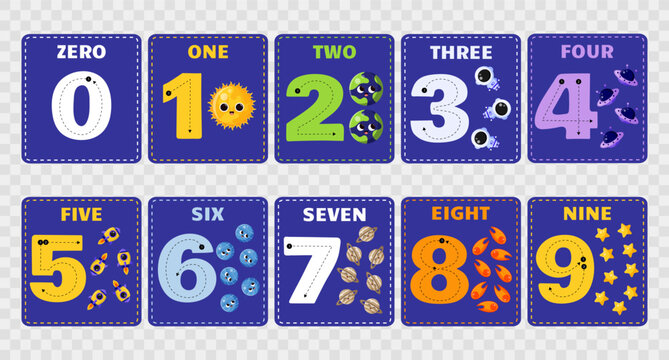 Set of number flashcards for kids with cute space elements on transparent background. 0-10 number writing for kids. Learning numbers for kids. Kindergarten flashcards . Vector illustrations.