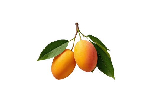 Marian plums hanging on branch with green leaves