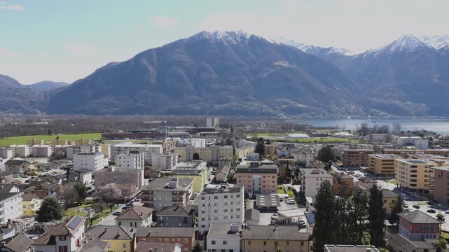 Panoramic view of the gulf between Tenero and Locarno. View of the lake; the camera pans horizontally to the right.