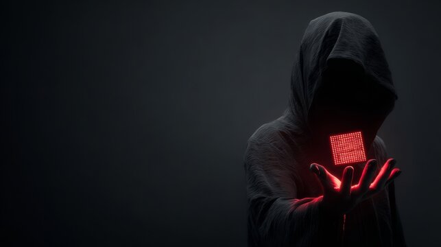 A mysterious hooded figure holds a glowing red digital cube  for cybersecurity threat concepts