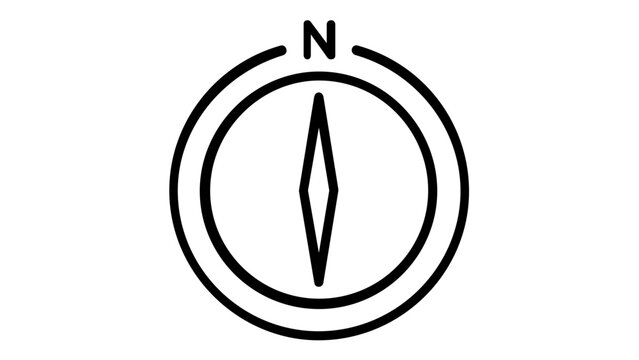 Minimalist black and white compass vector icon illustration for navigation and travel, featuring a north-pointing needle and circular frame, ideal for maps, adventure, and exploration themes.