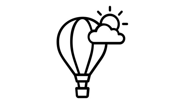 Minimalist vector icon illustration of a hot air balloon flying in a sunny sky with a cloud, perfect for travel, adventure, and weather-themed designs, scalable flat line art graphic element.