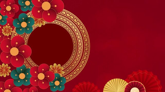 Chinese New Year background with a red background and colorful Chinese floral ornaments. The background has empty space, suitable for customization.