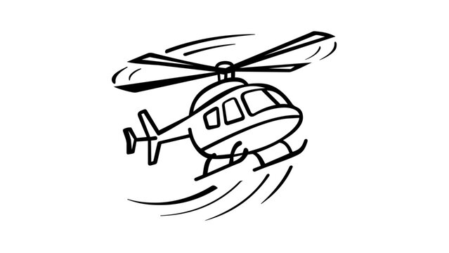 Hand-drawn doodle illustration of a flying helicopter, minimalist vector icon for travel and transportation concepts, scalable black line art sketch of a chopper in flight on white background.