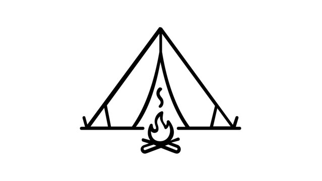 Minimalist camping tent and campfire vector icon illustration. Simple black line art of a teepee style shelter with a burning fire, ideal for outdoor adventure, travel, and nature-themed designs.