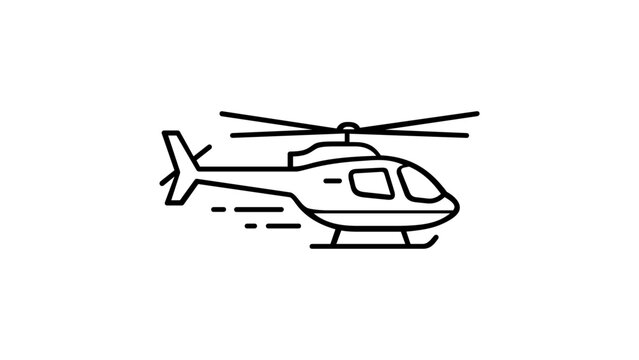 Minimalist black line art vector icon of a helicopter flying, isolated on white background. Modern flat illustration of a chopper aircraft for aviation, travel, and transportation design.