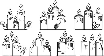 Fototapeta premium Set of outline burning christmas candles icons.