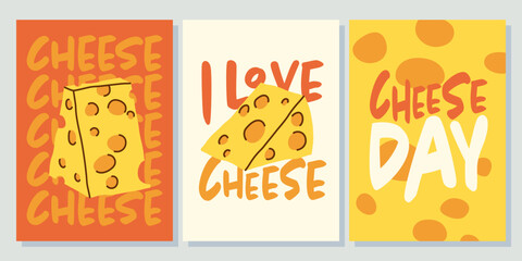 Fototapeta premium Collection of cheese posters with hand drawn lettering. Creative food design cards for web.