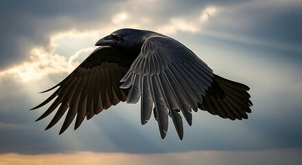 Fototapeta premium A powerful black raven with wide wings soars through a dramatic sky filled with light and dark clouds.