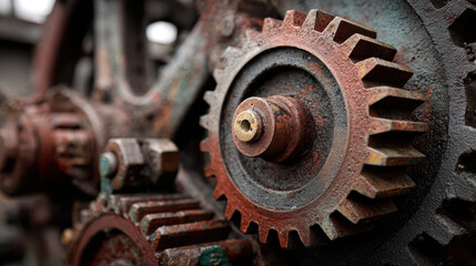 Intricate rust covered gear belongs to monolithic machine standing dormant and silent evoking quiet melancholy within metal industry