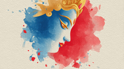 Serene goddess durga depicted closed eye adorned gold crown watercolor blue painting peaceful spiritual emotion divine portrait