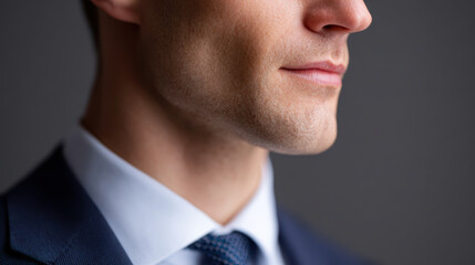 Confident business man professional portrait wearing dark suit and light blue tie showing calm face with strong jaw on grey background