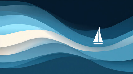 Peaceful small white sailboat floating beautifully on stylized blue and white striped ocean wave abstract graphic background