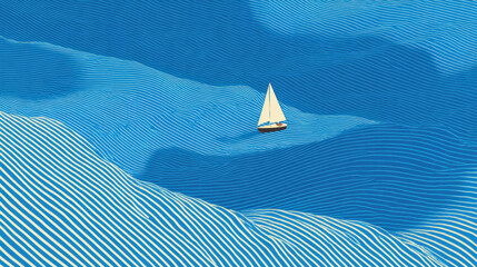 Peaceful sailboat floating across stylized blue and white stripe ocean wave creating very tranquil and deeply serene atmosphere