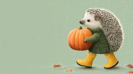Cute little hedgehog holding bright orange pumpkin wearing yellow rain boot walking with happy joyful expression in autumn