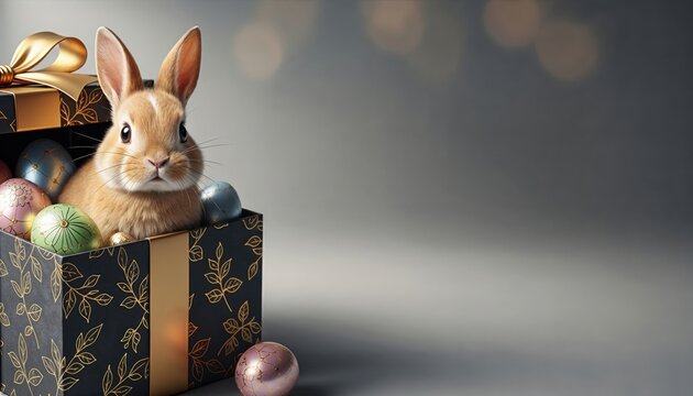 A cute easter bunny / rabbit peeks from a festive gift box filled with colorful eggs on a soft grey background. With room for text - copy space