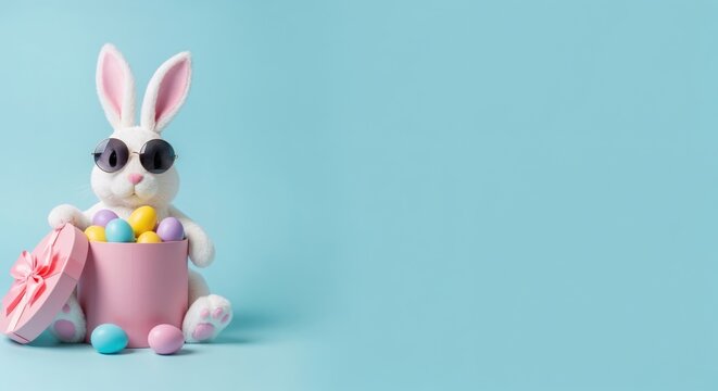A stylish easter bunny rabbit in sunglasses holds a pink box of colorful eggs on a pastel blue background. With room for text - copy space