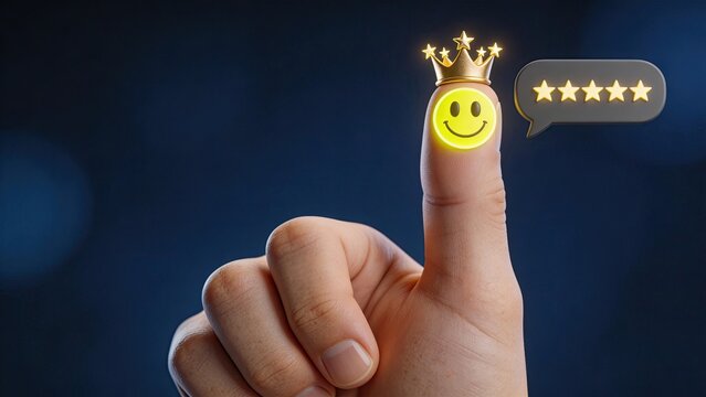 Finger with glowing smiley face golden crown and five star rating speech bubble on dark blue background symbolizing premium customer satisfaction top quality service loyalty