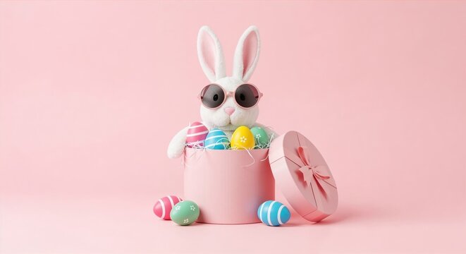 A cool easter bunny / rabbit wearing sunglasses sits in a pink gift box with colorful eggs on a pink background. With room for text - copy space