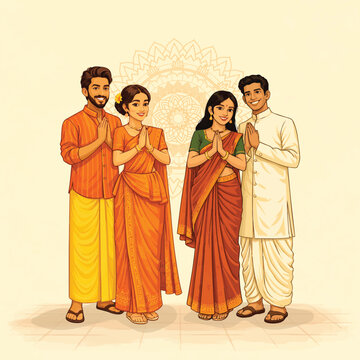 Sri Lankan Traditional New Year Greeting Group in Cultural Avurudu Dress with Ayubowan Gesture &ndash; Vector Illustration - sinhala and tamil new year