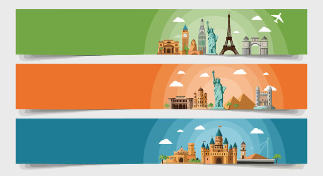Set of three travel banners showcasing world landmarks and monuments from different countries for tourism ads.