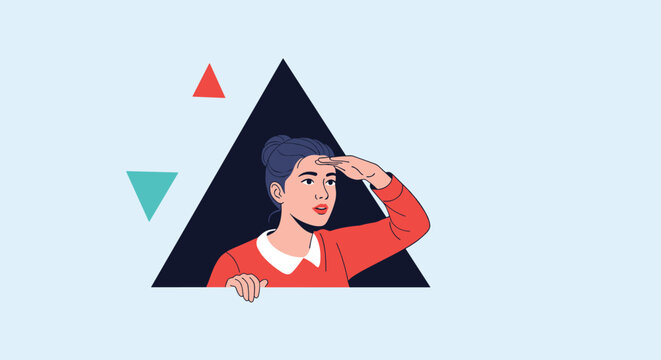 Young woman peering through a triangular opening looking at the distance with a curious expression.