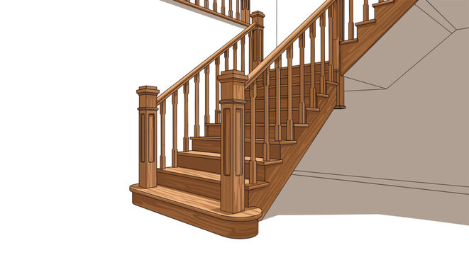 View of a classic polished wooden staircase with elegant banisters and spindles leading to an upper floor of a house.