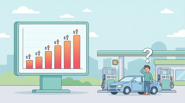 Rising fuel price chart beside gas station and confused driver