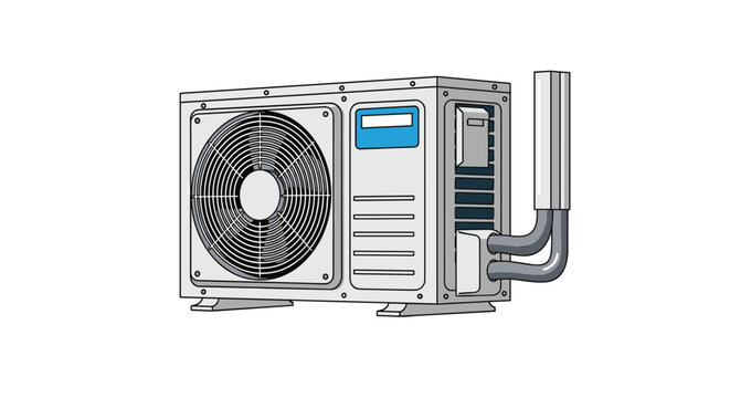 Outdoor component of an air conditioning system with a fan and copper pipes is rendered in a detailed graphic style.