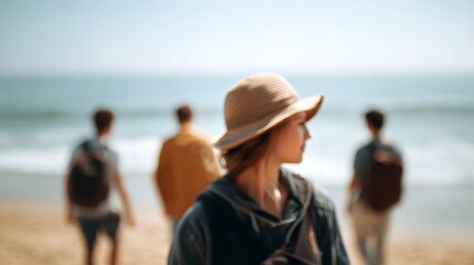 Fototapeta premium Young woman in a straw hat on a beach with blurred friends walking towards the ocean on a sunny summer day capturing a moment of travel and leisure