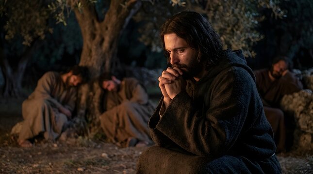A man, Jesus Christ, praying in Gethsemane garden with his disciples sleeping in background. Passion Thursday, biblical story concept.
