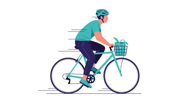 Man riding bicycle with basket.