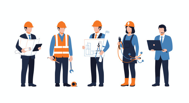 Five construction workers with hard hats.