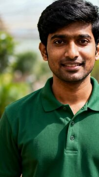 Vertical video: Walking Indian man in green polo approaching camera in nursery, showing plants