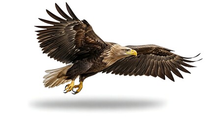 Obraz premium A magnificent bald eagle with striking golden eyes and powerful wings is captured flying on a pristine white background.