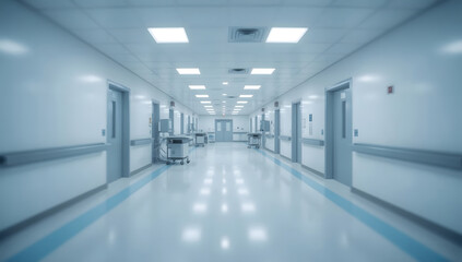 Obraz premium Empty hospital corridor with bright lights. Sterile clinic. 