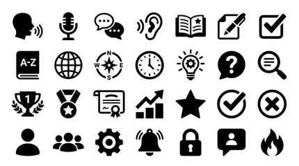 Collection of diverse icons representing communication learning business and success symbols isolated on white background © Iconique Studio