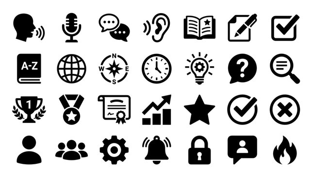 Collection of diverse icons representing communication learning business and success symbols isolated on white background