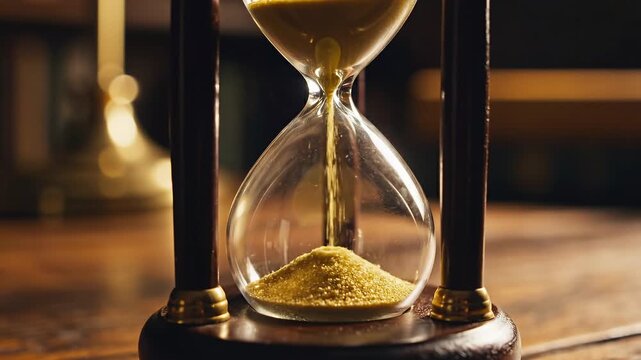 Close-up of an hourglass with sand flowing, symbolizing the passage of time and urgency.