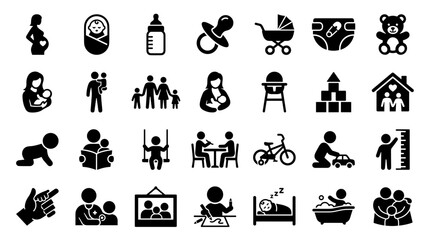 Obraz premium Collection of simple black and white icons representing family life childhood and parenting concepts including pregnancy baby care and child development stages