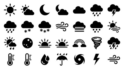 Naklejka premium Collection of weather icons representing various meteorological phenomena and climate conditions for forecasting and information