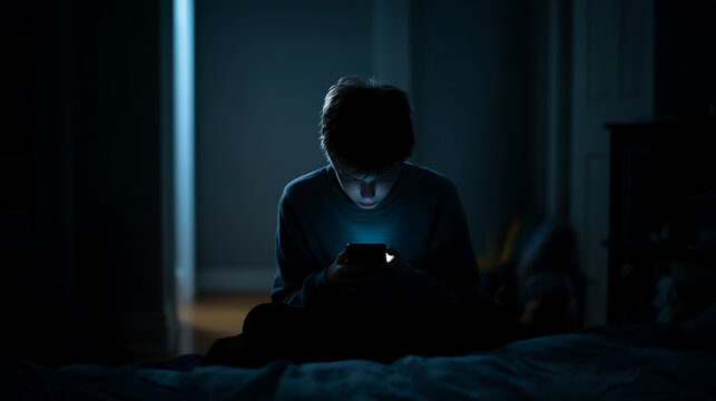 Young adult absorbed by phone screen in a dimly lit room, focusing on digital content with blue light illuminating face at night or dark setting
