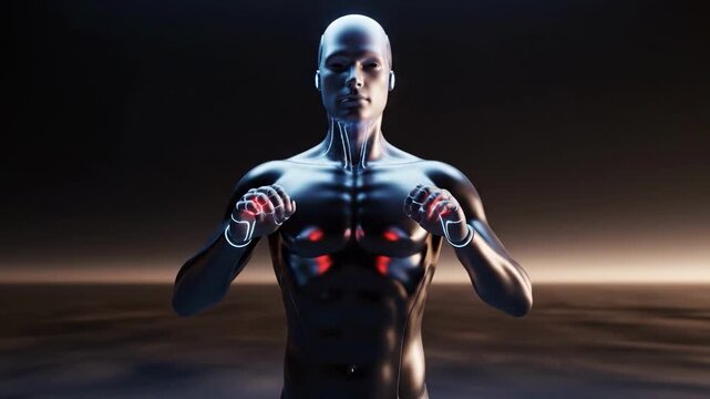 A futuristic cyborg standing in a dark environment interacts with glowing digital interfaces, representing advanced technology and human-machine conne