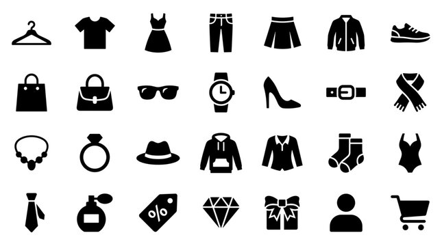 Fashion and clothing icons set representing various apparel accessories and items for shopping and style