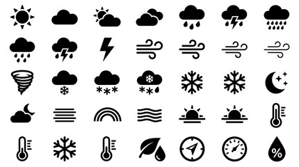 Naklejka premium Collection of weather icons representing diverse meteorological phenomena and climate conditions for forecasting and information display