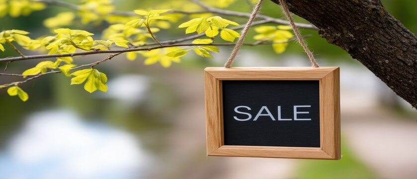 Wooden chalkboard sign saying SALE hanging on a tree branch in spring with green leaves and blurred background