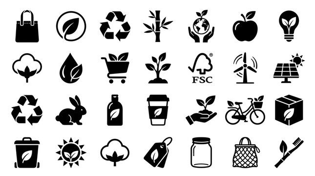 Collection of eco friendly icons and symbols representing sustainability nature and recycling for environmental awareness and green living concepts