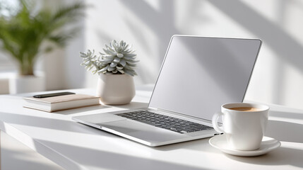 Fototapeta premium Bright Minimalistic Workspace Scene with White Desk, Silver Laptop, Coffee Cup, and Succulent