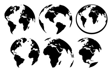 Obraz premium Global business world set with solid black icon against white background featuring globe, people, stocks, trade with connectivity and finance