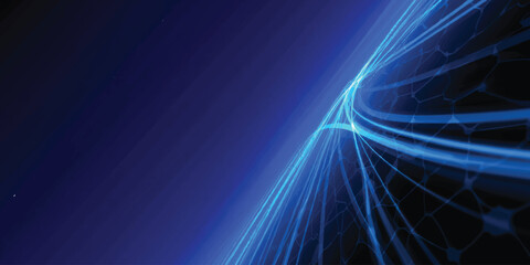 Abstract blue background with flowing light motion design featuring fractal energy lines and a glowing laser ray backdrop over dark space texture © Midul